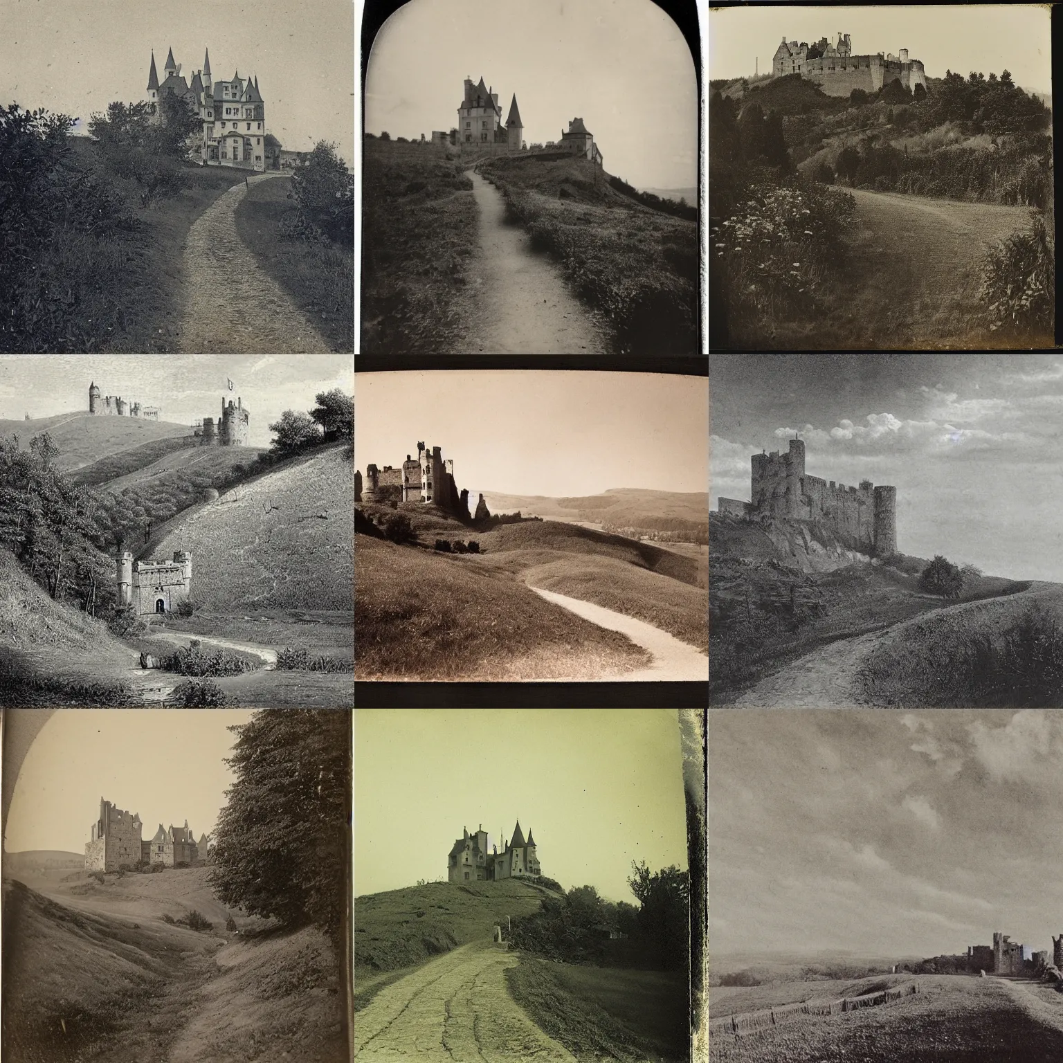 Prompt: 1 8 8 0 s photograph, a hilly landscape with castle and path