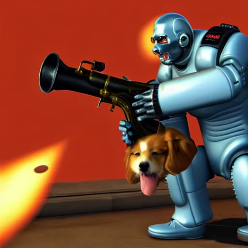 Image similar to t 8 0 0 terminator eating sandwich, hugging a cute puppy while surfing on a saxophone over rings of saturn in space, team fortress 2 sцcreenshot