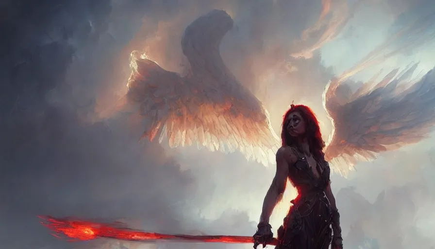 Prompt: A beautiful painting of the angel of death in a fire ravaged sky by greg rutkowski and Kalin Popov , Trending on artstation HD.