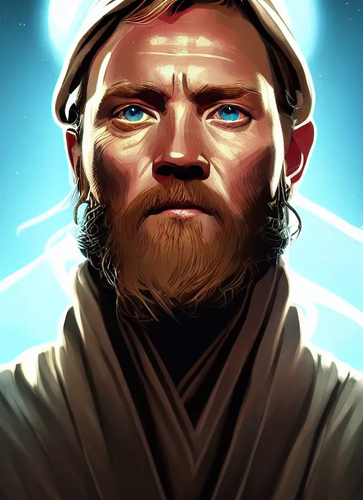 Image similar to a portrait of obi - wan kenobi as a jesus, cyberpunk, grim - lighting, high - contrast, intricate, elegant, highly detailed, digital painting, artstation, concept art, smooth, sharp focus, illustration
