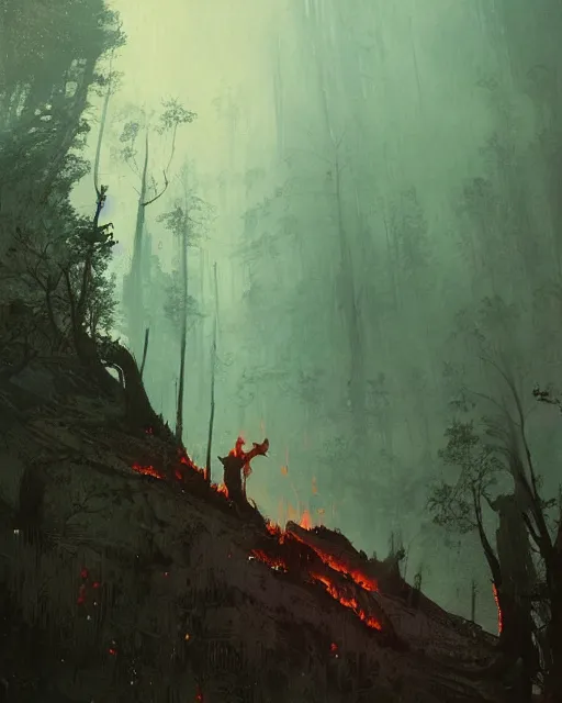 Image similar to a highly detailed epic cinematic concept art CG render digital painting artwork: forest fires. By Greg Rutkowski, in the style of Francis Bacon and Syd Mead and Norman Rockwell and Beksinski, open ceiling, highly detailed, painted by Francis Bacon and Edward Hopper, painted by James Gilleard, surrealism, airbrush, Ilya Kuvshinov, WLOP, Stanley Artgerm, very coherent, triadic color scheme, art by Takato Yamamoto and James Jean