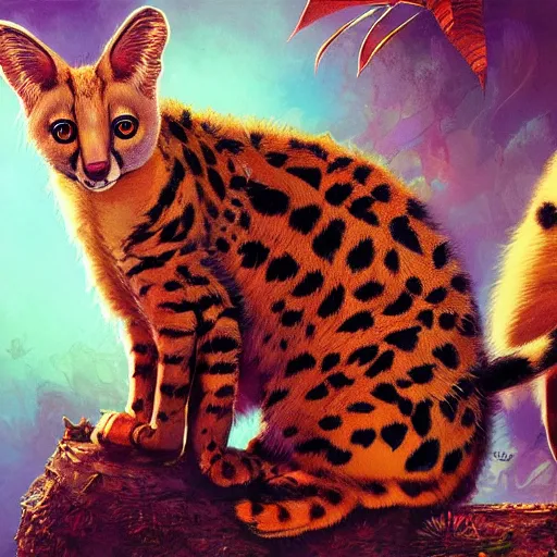 Image similar to serval cat being hugged by a koala, digital illustration portrait design, by android jones and greg rutkowski, retrowave color scheme, detailed, cinematic lighting, wide angle action dynamic portrait