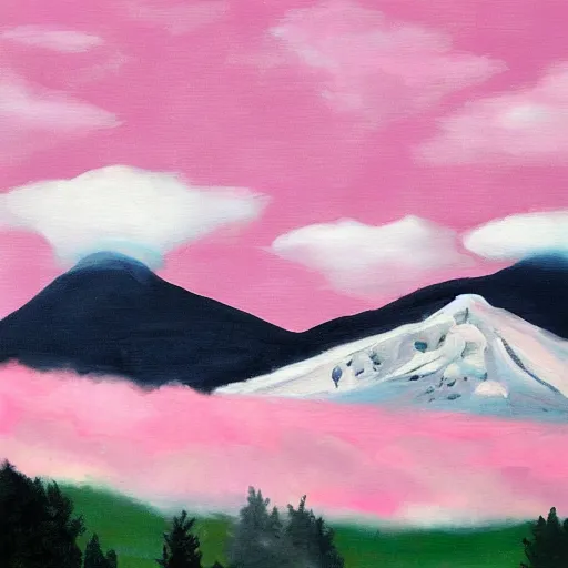 Prompt: artsy, moca, moma, snowy mountain with pink clouds painted by Eric Sloane & Ben Norris