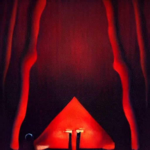 Prompt: the black lodge, Twin Peaks (1990), eerie surreal nightmare, lynchian, inspired by david lynch, red curtains, ominous, 4k horror artwork, trending on artstation, sharp focus