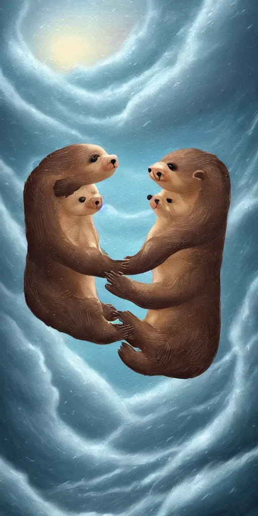 Image similar to two adorable otters falling in love holding hands side by side huddled, all hiding together in the middle of a super scary storm at sea, fantasy illustration, cinematic, award winning, romantic, detailed trending on artstation, masterpiece