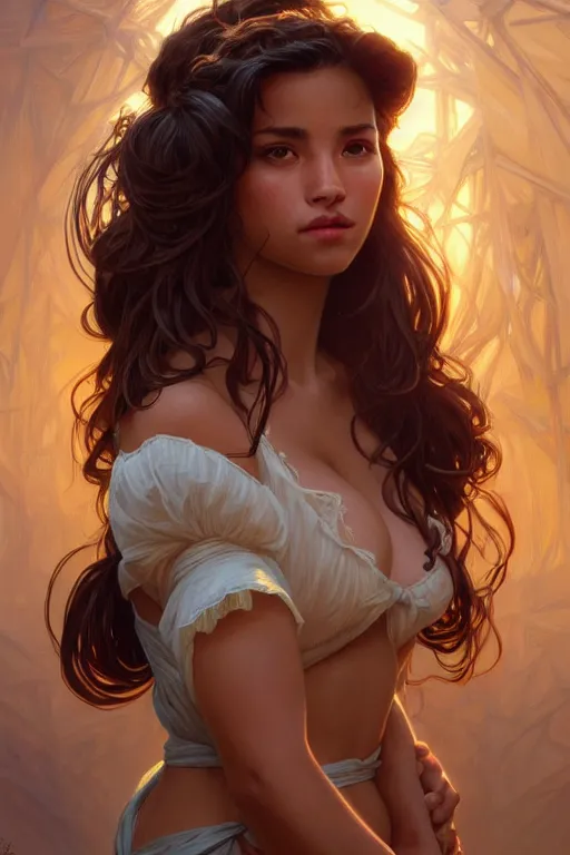 Image similar to clear portrait of a latino attractive women, cottagecore!!, background hyper detailed, character concept, full body, dynamic pose, glowing lights!! intricate, elegant, highly detailed, digital painting, artstation, concept art, smooth, sharp focus, illustration, art by artgerm and greg rutkowski and alphonse mucha