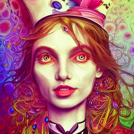 Image similar to an extremely psychedelic portrait of alice in wonderland, surreal, lsd, face, detailed, intricate, elegant, lithe, highly detailed, digital painting, artstation, concept art, smooth, sharp focus, illustration