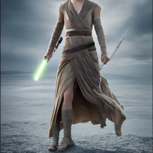 Image similar to Emma Watson modeling as Rey in Star Wars, (EOS 5DS R, ISO100, f/8, 1/125, 84mm, postprocessed, crisp face, facial features)