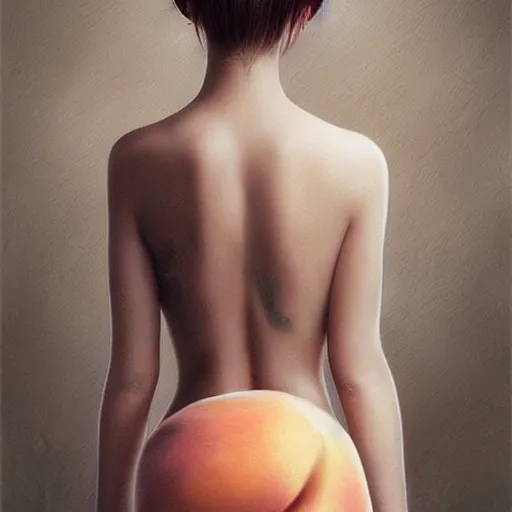 Image similar to Beautiful clothed woman holding a peach, seen from the back, intricate tatoos, digital art by WLOP and Artgerm