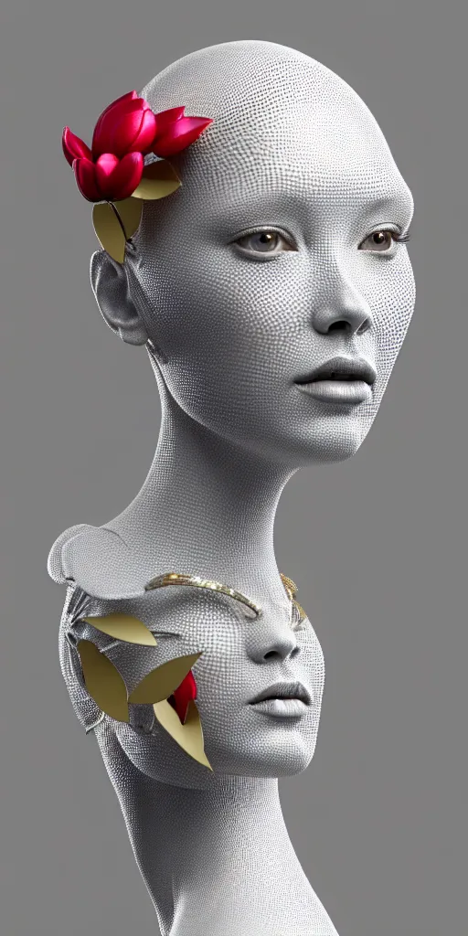 Image similar to complex 3d render ultra detailed of one single beautiful porcelain profile woman face, mechanical cyborg, 150 mm, accent lighting, beautiful studio soft light, rim light, silver gold red details, luxurious, magnolia big filigran ultra detailed leaves and stems, roots, Alexander Mcqueen haute couture, fine foliage lace, mesh wire, beautiful background, filigran intricate details, hyperrealistic, mandelbrot fractal, anatomical, silver metal armor, facial muscles, cable wires, microchip, elegant, white background, beautiful white teeth, beautiful lips, octane render, H.R. Giger style, 8k