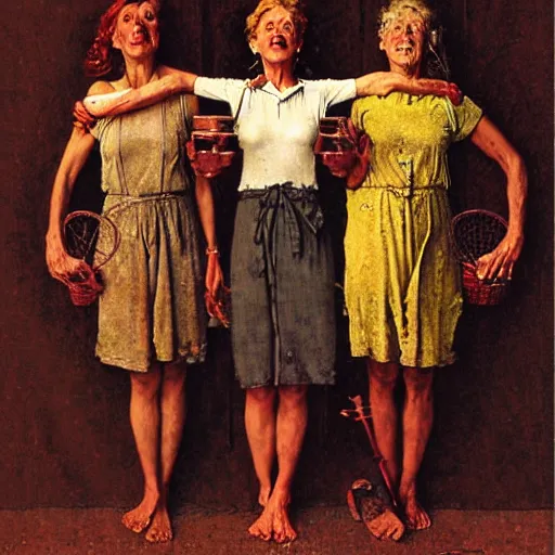 Prompt: The Three Fates weaving the lives of countless souls, artist is Norman Rockwell,