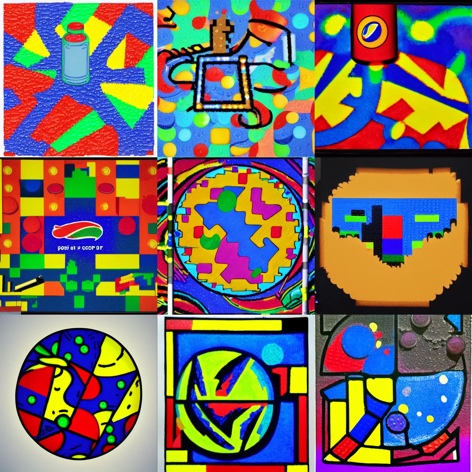 Prompt: Cosmic horror PS2 game lego pancake art pepsi logo 8 bit oil pastels poorly drawn as an abstract collage as an LED light as a mascot for a sugar cereal made of light and shadows cubism Made of bamboo