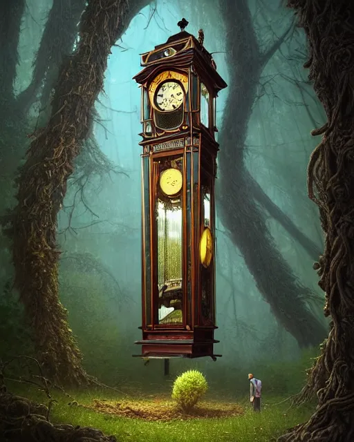 Image similar to highly detailed surreal vfx portrait of a cursed grandfather clock in a shadowy forest by a willow tree, stephen bliss, unreal engine, greg rutkowski, loish, rhads, beeple, makoto shinkai and lois van baarle, ilya kuvshinov, rossdraws, tom bagshaw, alphonse mucha, global illumination, detailed and intricate environment