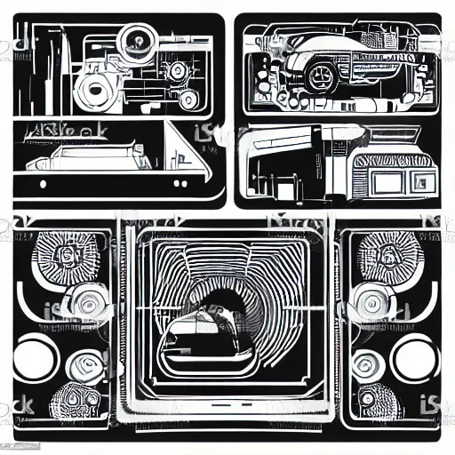 Prompt: futuristic mechanical panel lines, vector art style, black and white, front view