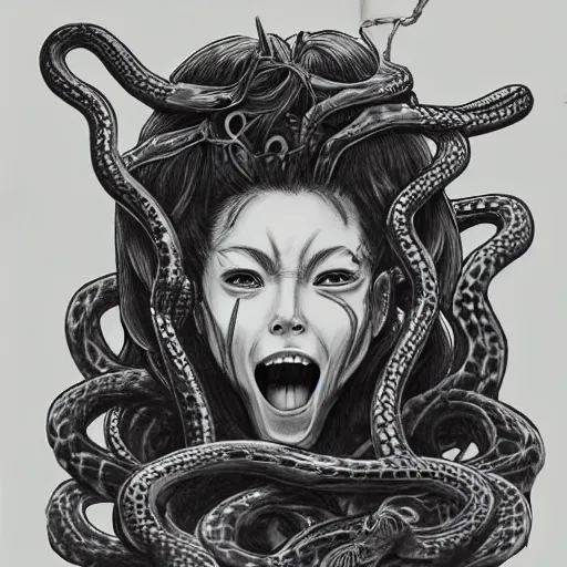 Prompt: pencil drawing of the head of medusa wearing snakes heads in the berserk manga, jessica biel showing fangs, big snakes heads, by kentaro miura