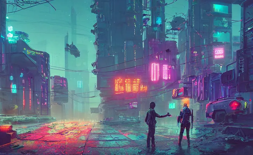 Prompt: an neon cyberpunk abandoned post-apocalyptic city with lonely robots wandering the streets, simon stålenhag, rendered by Beeple, by Makoto Shinkai, syd meade, starwars, space art concept, digital art, unreal engine, WLOP, trending on artstation, 4K UHD image, octane render,