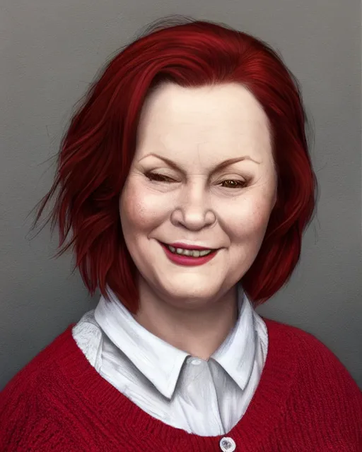 Image similar to portrait of happy short and plump 5 0 - year - old woman with red hair and, kind face, round face, short hair, molly weasley, wearing in cardigan, hyper realistic face, beautiful eyes, character art, art by mark brooks, hyperdetailed, cryengine, trending on artstation, digital art
