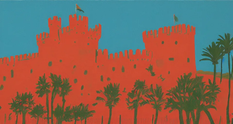 Prompt: color sketch of denia castle, highly detailed, dramatic lighting, intense shadows, rich deep colours, by david hockney