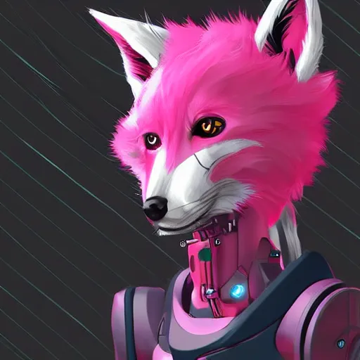 Image similar to digital art artstation, pixiv, portrait of a robotic fox with cybernetic body with pink hair, character fursona furry, furaffinity