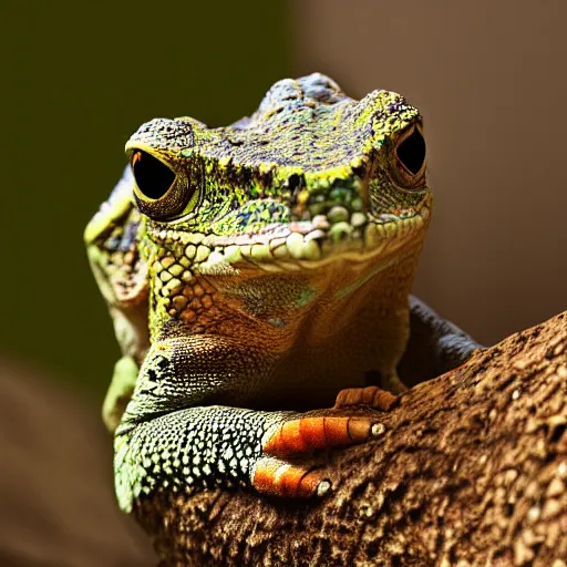 Image similar to An award winning photo of Tokay crocodile chameleon looking at the camera, cute, environmental portrait, wildlife photography, National Geographic, 4k