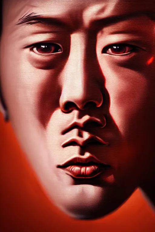 Image similar to hyperrealistic close-up graffiti exoskeleton! chinese man highly detailed concept art eric zener elson peter cinematic hard orange lighting high angle hd 8k sharp shallow depth of field