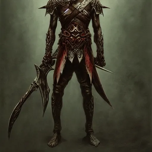 Prompt: dark elf assassin wearing ancient dark armor, wielding dual scimitar in each hand, the hobbit elf, warhammer dark elf, by beksinski, trending on artstation