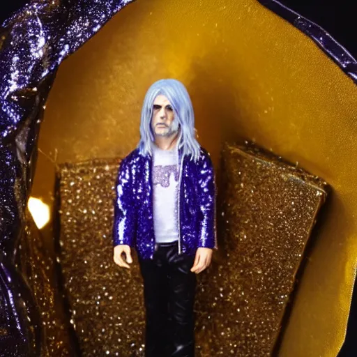 Image similar to Kurt Cobain with silver-violet hair, white eyes and golden glittery dress, wide lens, diorama, 4k,