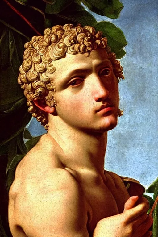 Image similar to renaissance painting of man, short blonde hair, thoughtful face, emotions closeup, dressed in roman armour, the beautiful garden with olive leaves, ultra detailed, art by Guido Reni style, Vincenzo Catena style