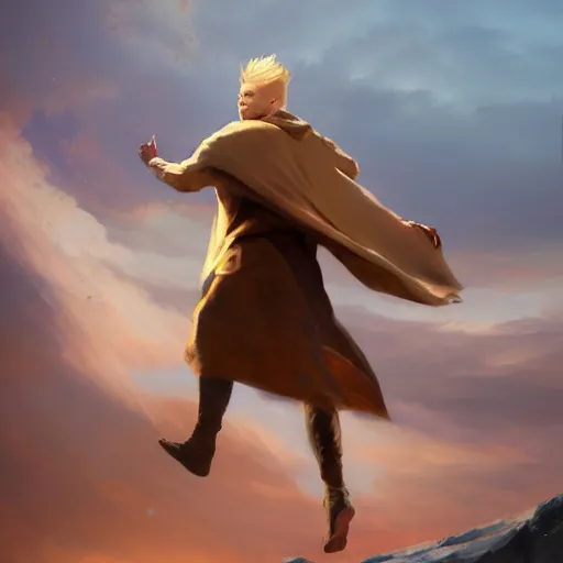 Image similar to blonde boy with golden eyes wearing a brown cape and flying in t pose, energy background, brush strokes, greg rutkowski