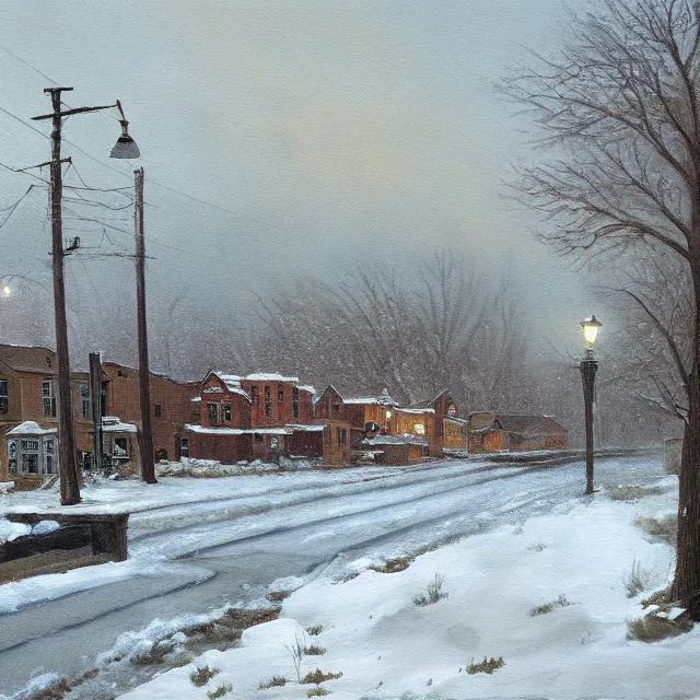 Image similar to a beautiful painting of a small new england town engulfed in a noreaster blizzard by rutkowski and rockwell, detailed, art gallery quality, cinematic lighting