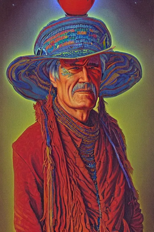Prompt: an awesome jean giraud portrait of timothy leary in the style of a renaissance masters portrait, mystical and new age symbolism, tibetan book of the dead