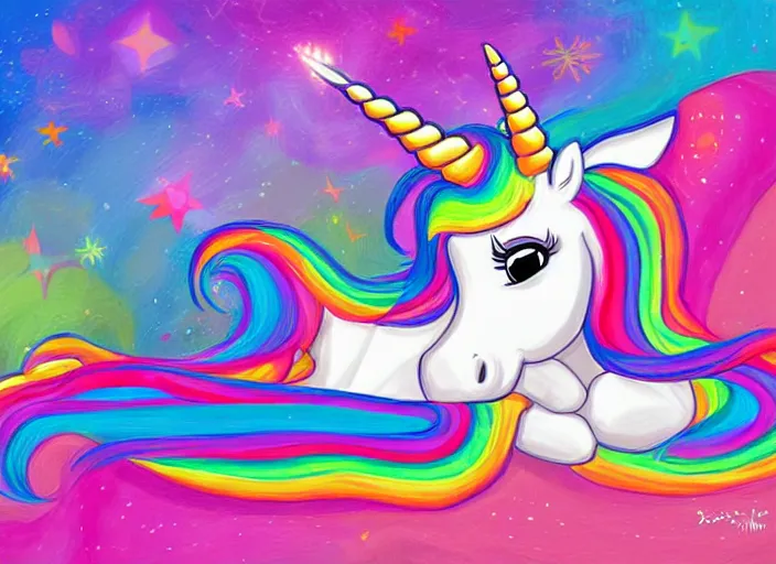 Prompt: unicorn relaxing, teed relaxing colorful, modern, disney, in style of pixar, highly detailed, sharp focus, digital painting