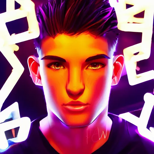 Image similar to social network avatar of young male with dark hair, neon lighting, hyperrealistic, trending on Artstation