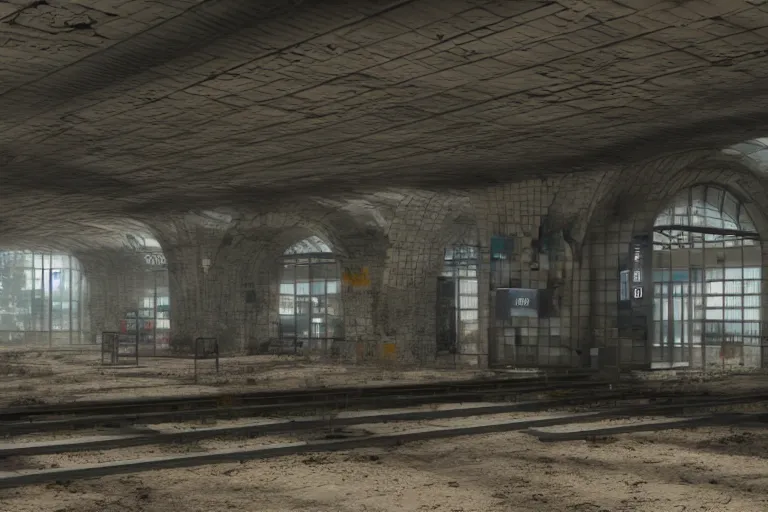 Prompt: ruined, abandoned polish metro station, seen from inside. Diffused light from stairwells. Dirt, leaves on ground. Unreal Engine. Substance painter. Zbrush. Trending on artstation. 8K. Highly detailed.