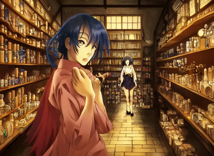 Image similar to lomography, anime, portrait of a young woman in a alchemist's potion shop interior shopping, glowing, haruhiko mikimoto, hisashi eguchi, lodoss, dynamic pose and perspective, dramatic lighting, detailed facial features, rounded eyes, sharpened image, yoshinari yoh