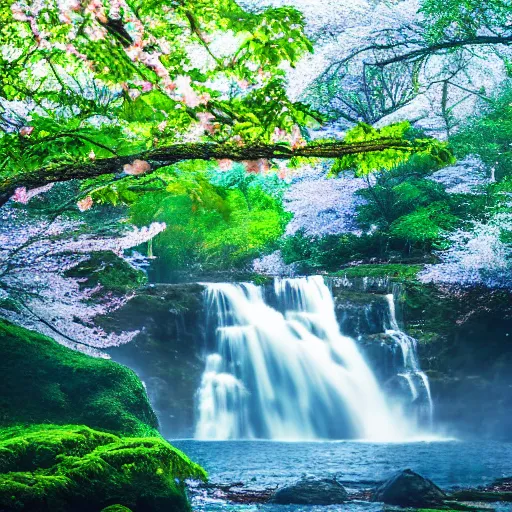 Prompt: a majestic cinematic realistic photoshoot of a beautiful forest with waterfalls, beautiful blue sky's, and birds, with a giant cherry blossom tree in the center, 4 k, coherent, incredibly detailed