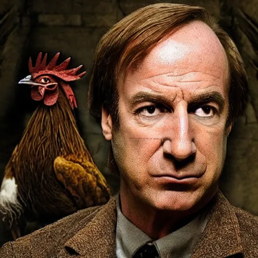 Image similar to saul goodman and a rooster in a medieval torture chamber, saw blades and knives in the background, horror movie, saul goodman, rooster, real life photo, detailed face