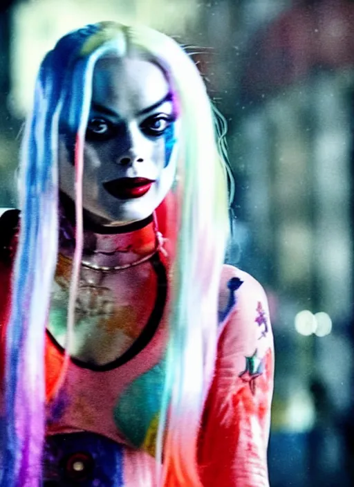 Image similar to 5 0 mm photo of beautiful suicide squad happy margot robbie with long white hair that looks like harley quinn standing on the wet street of dystopian gotham city at night, angry frown, glamour pose, watercolor, frank miller, moebius, jim lee, cinematic, ridley scott, lens flare, dramatic lighting, annie leibowitz