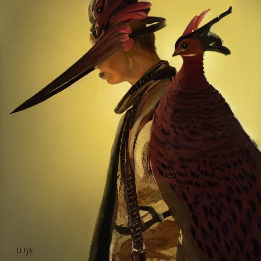 Image similar to a pheasant is girded with a belt, a sword hangs on the belt, by lily seika jones , rivuletpaper art, top cinematic lighting, cinematic mood, very detailed, shot in canon, by Viktor Vasnetsov, oil painting, harsh fairy tale, soft style, hyperrealism, beautiful, high resolution, trending on artstation,