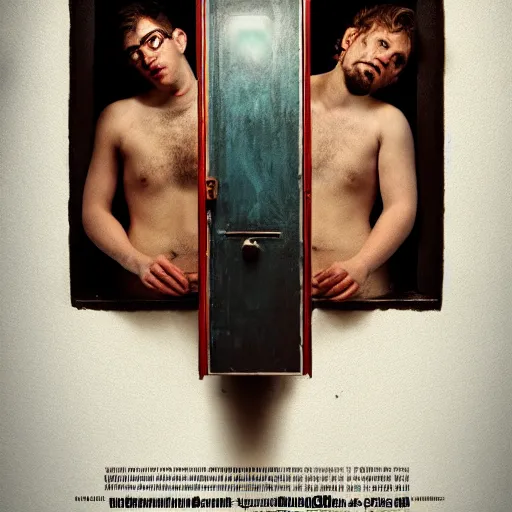 Image similar to poster for a short film called'liminal'about 4 male roommates that discover a hidden tiny door in their apartment, movie poster, advertisement, high detail, sharp, digital art, trending on artstation