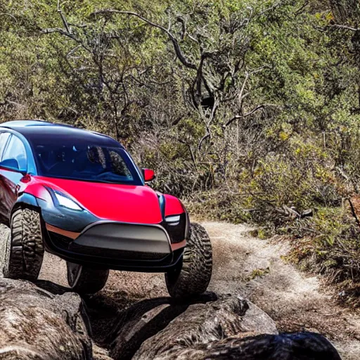 Prompt: rock crawling, off - road, lifted tesla model y, large tires, photo