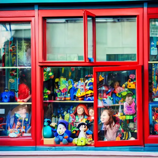 Image similar to kids peeking through a toy store's window from outside