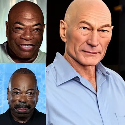 Image similar to a man who is a genetic combination of patrick stewart and jonathan frakes and levar burton and michael dorn and brent spiner, face and upper - body focus, detailed eyes