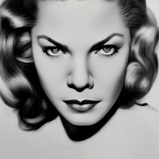 Prompt: young beautiful lauren bacall color studio publicity photo , tight face shot portrait, highly detailed, digital painting, artstation, concept art, sharp focus, illustration, art , by norman rockwell