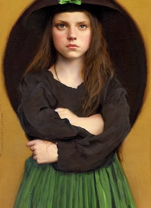 Prompt: a portrait of a thirteen year old girl with brown hair and a stern expression. she is wearing a green dress and a black pointed witch hat. beautiful painting with highly detailed face by greg rutkowski and raymond swanland