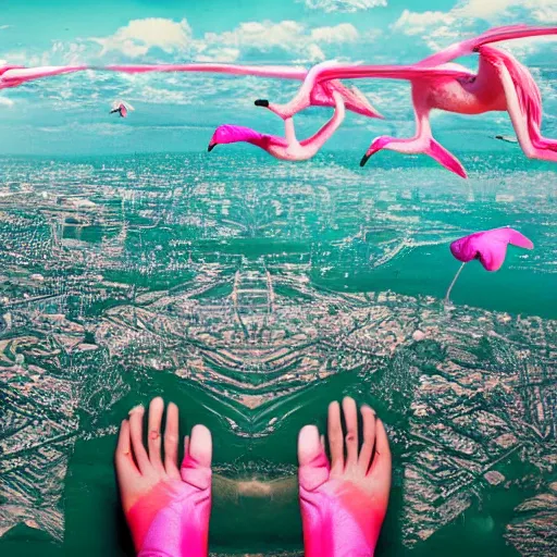 Prompt: toni wearing a flamingo fashion, photoshop, colossal, creative, giant, digital art, city, photo manipulation, clouds, sky view from the airplane window