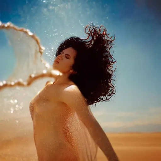 Image similar to filmstill photography of female body sulhouette covered with curly white translucent blanket blowing in wind, acrylic liquid colors, luxurious supermodel photoshooting, golden jewelry, bokeh, godrays, strong wind, wrinkles, sunrays, sunset, lens flares, monet, renoir, cold colors, sand dunes