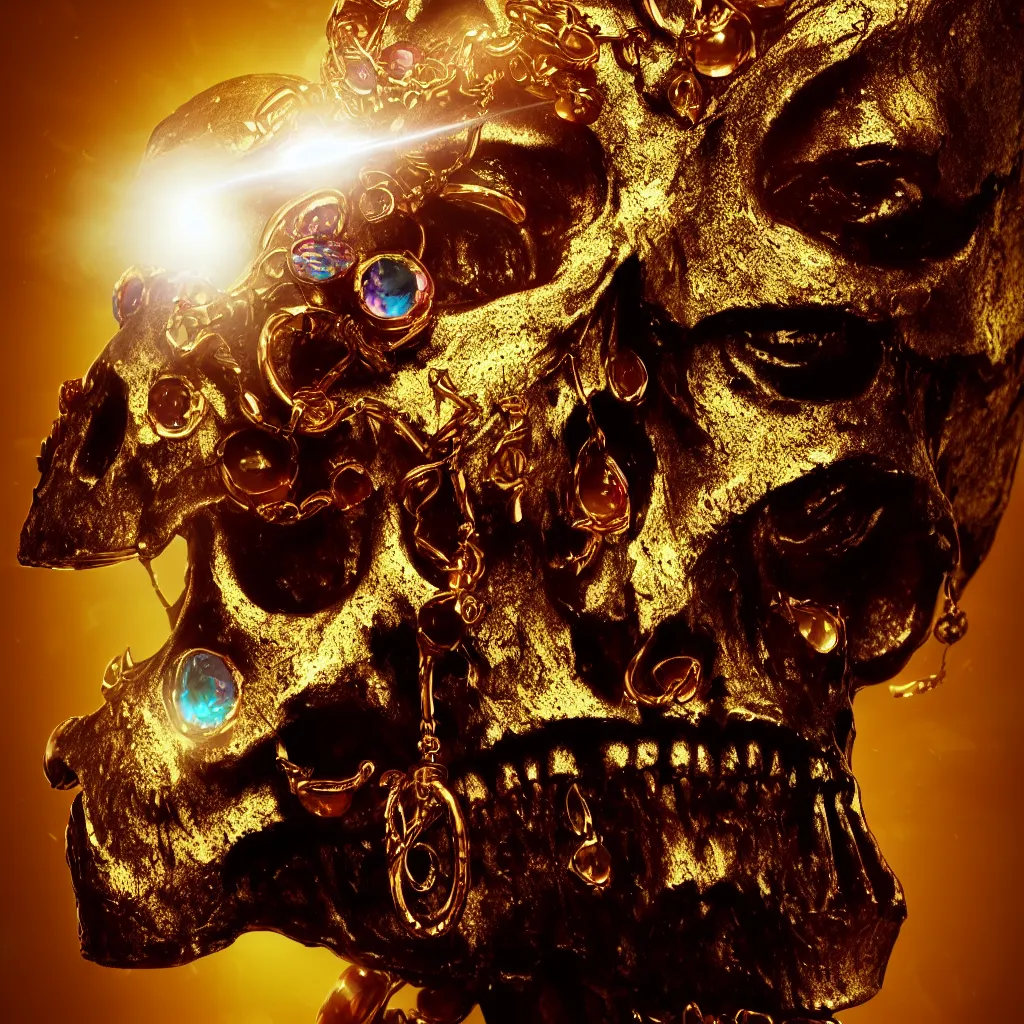 Image similar to Photorealistic epic egyptian god face close up portrait human skull, ram skull, jackal skull, gold, gemstones, gems, jewels, light beams, lens flare. ominous, ancient magic, scary intricate artwork by Tooth Wu and beeple and Jake Baddeley. octane render, trending on artstation, greg rutkowski very coherent symmetrical artwork. cinematic, hyper realism, high detail, octane render, 8k