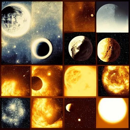 Prompt: Collage Grid of astrophotography, celestial bodies, duo-tone, halftone