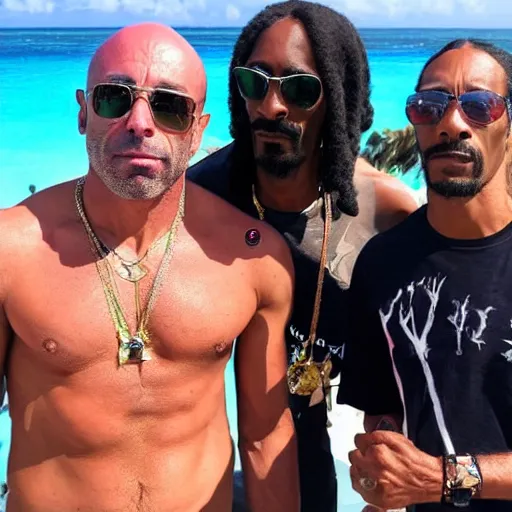 Image similar to joe rogan and snoop dogg chilling in aruba